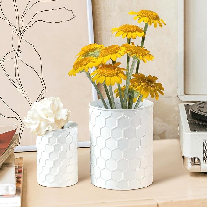 2 Pack Metal Utensil Holder for Kitchen Counter, 7.3"+5.4" Large Cooking Utensil Organizer Honeycomb Pattern Embossed Utensil Caddy for Party Cutlery Tool Holder Storage, White