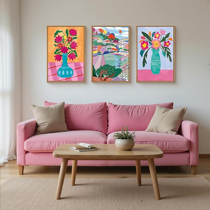 HOURIA Colorful Flower Field Landscape Framed Canvas Wall Art Set,Abstract Pink Floral Vase Wall Decor,Natural Botanical Tree Artwork,Modern Sunrise Art Prints for Living Room,Farmhouse-24 x36 x3
