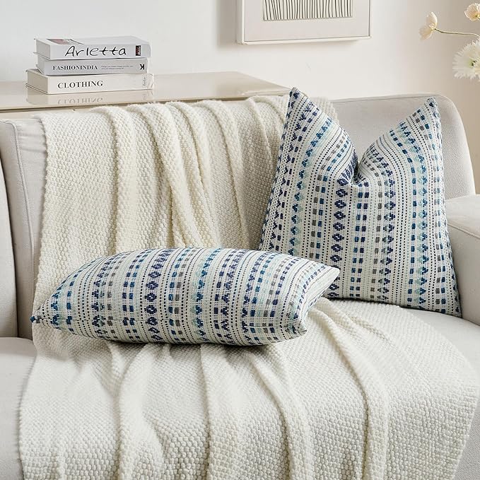 FUTEI Blue Grey Decorative Throw Pillow Covers 20x20 Inch Set of 2,Soft Cozy Chenille Jacquard Textured Cushion Case,Boho Home Decor for Couch Bed Living Room