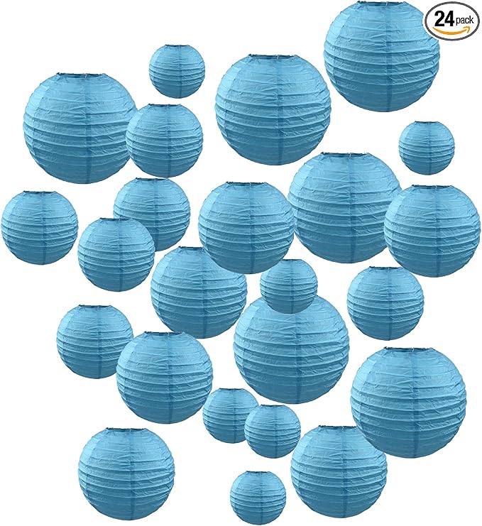 Handmade Decorative Chinese Japanese Hanging Paper Lanterns 24pcs Assorted Sizes 6", 8", 10", 12" Mixture Colors Decoration for Home, Weddings and Parties Lanterns (All Sky Blue)