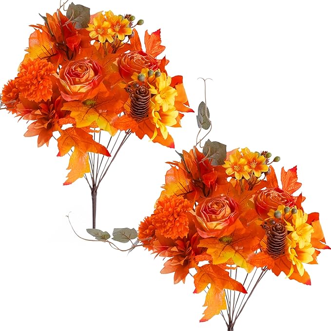 Anna's Whimsy 2 Pcs Fall Artificial Flowers,Artificial Plants Indoor, Fall Decor Silk Flowers Bouquet for Home Wedding Thanksgiving Decoration (Orange, 2)
