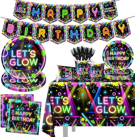 Neon Party Supplies,142Pcs Let Glow Party Decorations Including Disposable Paper Plates,Cups,Tablecloths, Glow in the Dark Theme Decoration for Birthday Baby Shower Party