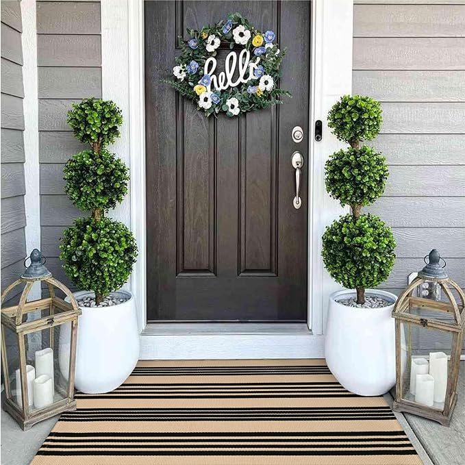 OJIA Outdoor Door Mat 27.5"x43", Black and Tan Fall Outdoor Rugs Cotton Hand-Woven Front Door Rug Machine Washable Door Mats Striped Entry Rug for Front Porch/Farmhouse/Kitchen/Entryway