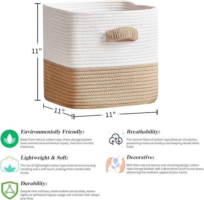 Storage Cube Baskets for Organizing -3 Pack -11 inch Square Baskets for Cube Storage, Closet Storage Bins-Woven Cube Storage Bins for Shelves- Ideal for Toy Storage |White & Khaki