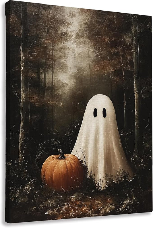 FTKBGHY Vintage Halloween Ghost Canvas Wall Art Framed, Halloween Room Decor, Spooky Ghost Pumpkin in Haunted Forest Poster Prints Wall Decorations for Bedroom Living Room Home, 11x14 Inch