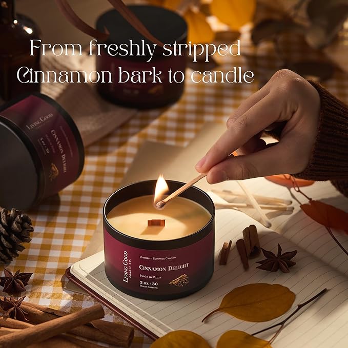 Fall Fresh Cinnamon Bark Essential Oil - Warm & Spicy Pure Beeswax Candle - 30+ Hours Long Burning - Non-Toxic Scented Candles for Autum Home Decor & Aromatherapy for Anxiety Relief - Natural - 5 OZ