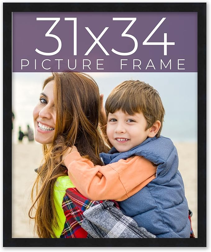 31x34 Frame Black Real Wood Picture Frame Width 0.75 Inches | Interior Frame Depth 0.5 Inches | Noir Classique Mid Century Photo Frame Complete with UV Acrylic, Foam Board Backing & Hanging Hardware