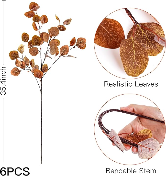 Sggvecsy 6 Pcs Fall Eucalyptus Leaves Artificial Eucalyptus Stems Long Silver Dollar Leaves Autumn Leaf Branches Fake Silk Eucalyptus for Indoor Home Autumn Thanksgiving Decor (Mixed Fall Color)