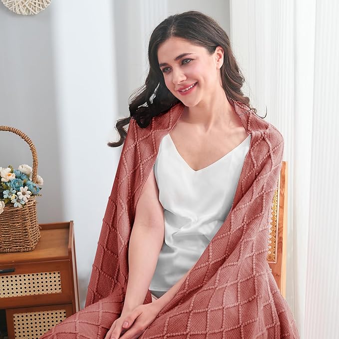 InHand Knitted Throw Blanket for Couch and Bed, Soft Cozy Knit Blanket with Tassel, Coral Pink Lightweight Decorative Throw, Farmhouse Warm Woven Throw for Men and Women, 50"x60"