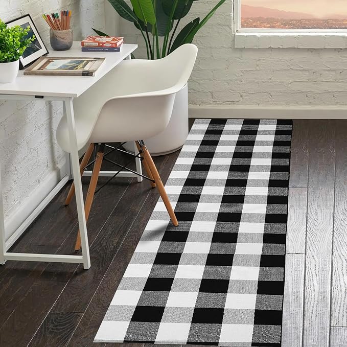 KOZYFLY Buffalo Plaid Rug 2x8 Ft Black and White Runners for Hallways Washable Checkered Rug Cotton Kitchen Runner Carpet Runner Rugs for Entryway Bedroom Living Room Farmhouse Runner Rug