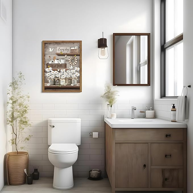 Wood Framed Farmhouse Bathroom Wall Art, Vintage Rustic Daisy Canvas Wall Decor Paintings, Flower Butterfly Inspirational Posters Prints Pictures Artwork for Bathroom Bedroom Living Room 12x16 Inch