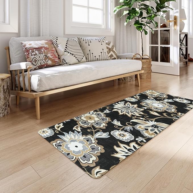 Lahome Floral 2x5 Washable Rug Runner - Black Entryway Runner Rug Non-Slip Ultra-Thin Stain Resistant Kitchen Rug Runner, Paisley Print Accent Carpet Runners for Hallway Bedroom Laundry Living Room
