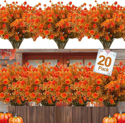 20 Bundles Artificial Fall Flowers for Outdoors Fall Decorations-UV Resistant Fake Mums Faux Plant Plastic Flowers Gardens Porch Fireplace Home Autumn Thanksgiving Decor(Brown Eucalyptus Flower)