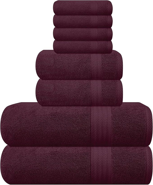GLAMBURG Ultra Soft 8-Piece Towel Set - 100% Pure Ringspun Cotton, Contains 2 Oversized Bath Towels 27x54, 2 Hand Towels 16x28, 4 Wash Cloths 13x13 - Ideal for Everyday use, Hotel & Spa - Burgundy