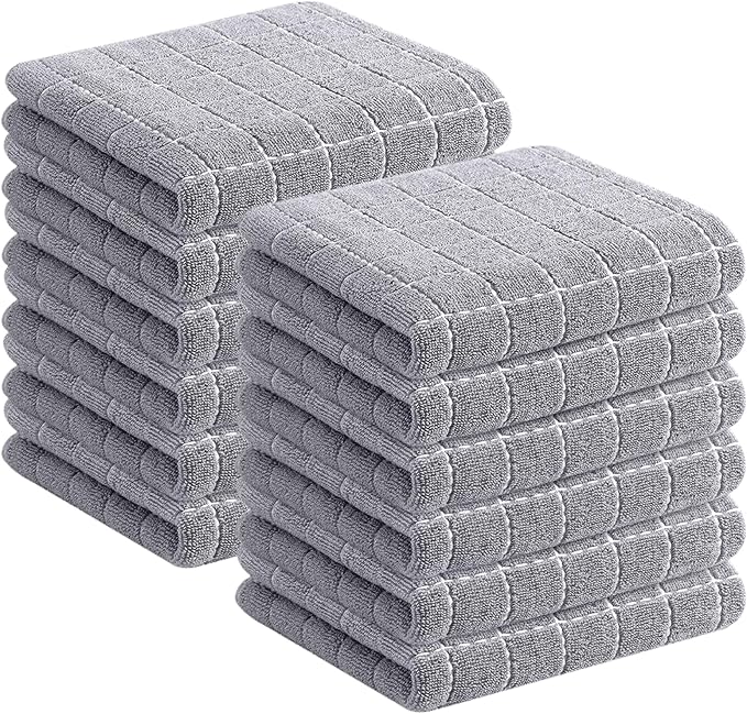 Homaxy 100% Cotton Terry Kitchen Towels(Light Grey, 13 x 28 inches), Checkered Designed, Soft and Super Absorbent Dish Towels, 12 Pack