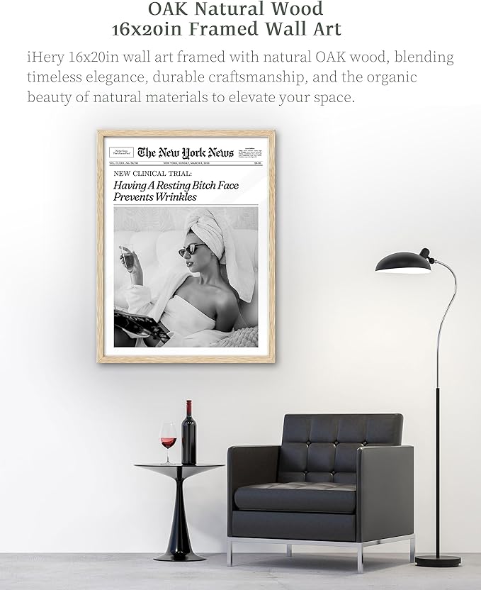 iHery Having A Resting Bitch Face Prevents Wrinkles Newspaper Framed Wall Art, Natural OAK Wood Trendy Large 16x20 in Vintage Canvas Wall Art Decor For Bedroom Living Room Bathroom Set of 1