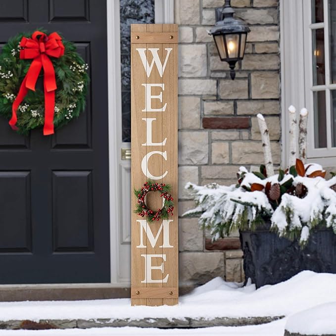 Glitzhome Welcome Sign with 4 Interchangeable Floral Wreaths for Front Door Porch, Farmhouse Wooden Hanging Wall Sign for Seasons Spring Fall Harvest Thanksgiving Christmas, 60”H, Natural