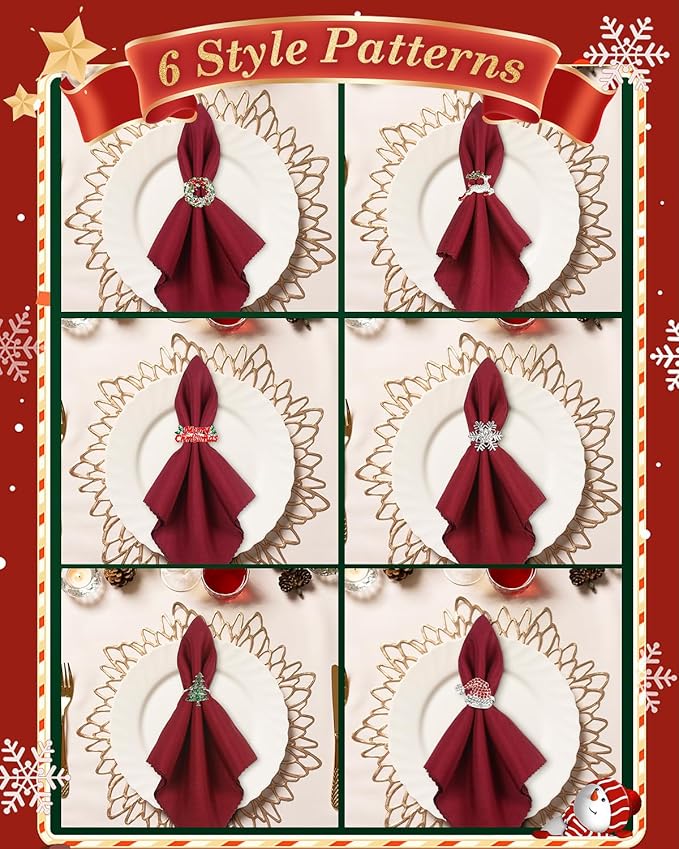 KPOSIYA Christmas Napkin Rings Set of 12, Silver Napkin Rings Holder Serviette Buckles for Holiday Dinning Table Setting-Wedding Receptions, Thanksgiving and Party Dinner Parties