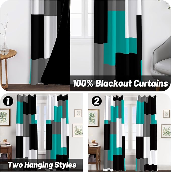 Teal/Turquoise 100% Blackout Curtains for Bedroom 96 inch Long 2 Panels Set Black White Grey Modern Abstract Geometric Black Out Curtains Room Darkening Window Drapes for Living Room, 52Wx96L