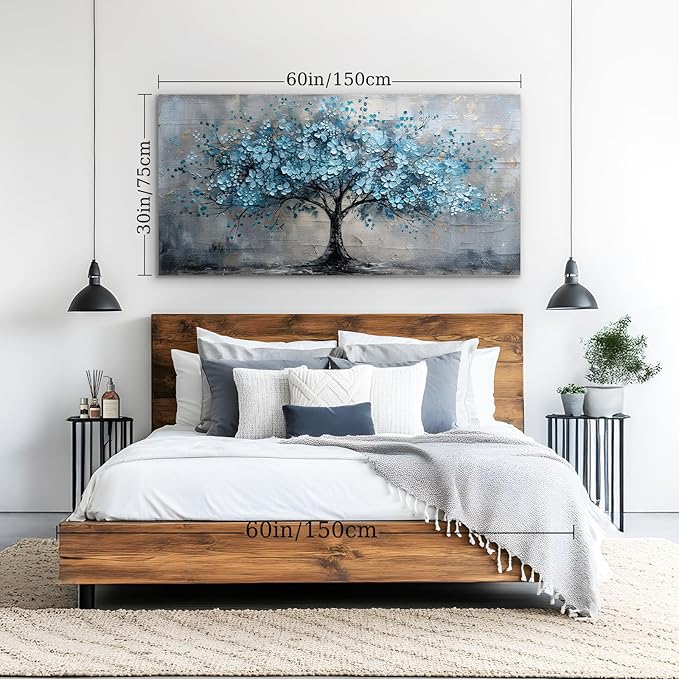 crmotu Tree of Life Large Wall Art for Living Room, Cherry Blossom Abstract Canvas Art Prints, Blue Flowers Tree Pictures Wall Decor, Nature Plant Modern Bedroom Bathroom Office Decor 30"X60"