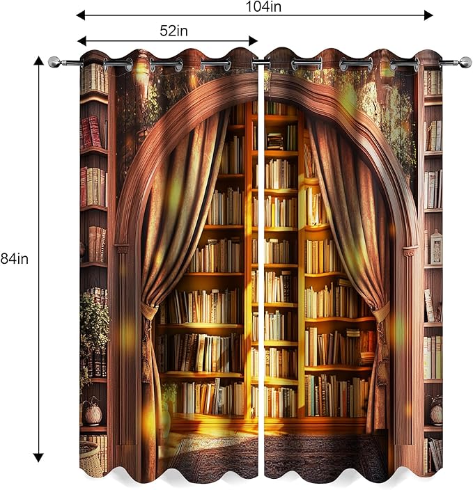 MissHope Vintage Bookshelf Blackout Curtains Sunshine Book Bookcase Tree Decor for Bedroom Study Classroom Living Room Darkening Grommet Window Drapes 2 Panel Set, 52x84 Inch