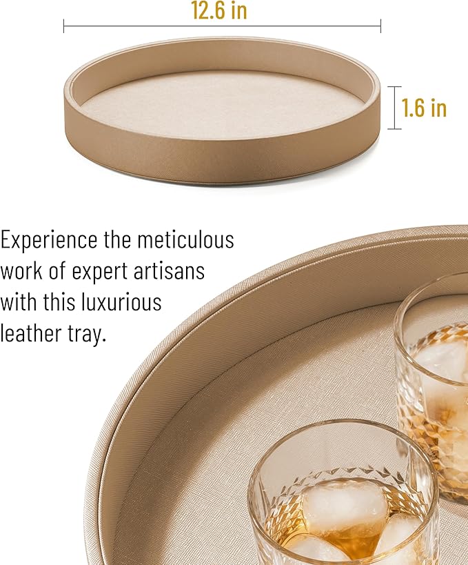 12.6 Inch Round Serving Tray, Home Decorative LeatherOttoman Wooden Decor Platter Bathroom Vanity Tray for All Occasions Anti Slip Khaki