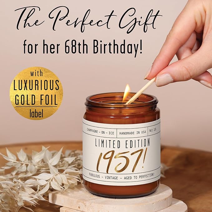 68th Birthday Gifts for Women - 'Limited Edition 1957' Soy Candle, w/Champagne on Ice I 68 Birthday Gifts for Women I 68th Gift for Her Ideas I 9oz Reusable Jar, 50Hr Burn, Made in USA