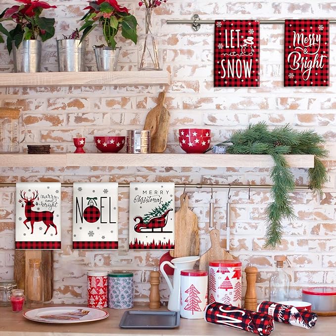 12 Pcs Christmas Kitchen Towels and Dishcloths Absorbent Christmas Tree Reindeer Truck Hand Dish Towels Decoration for Xmas Home Gift Supplies, 14.2 x 21.3 Inch(Buffalo Plaid)