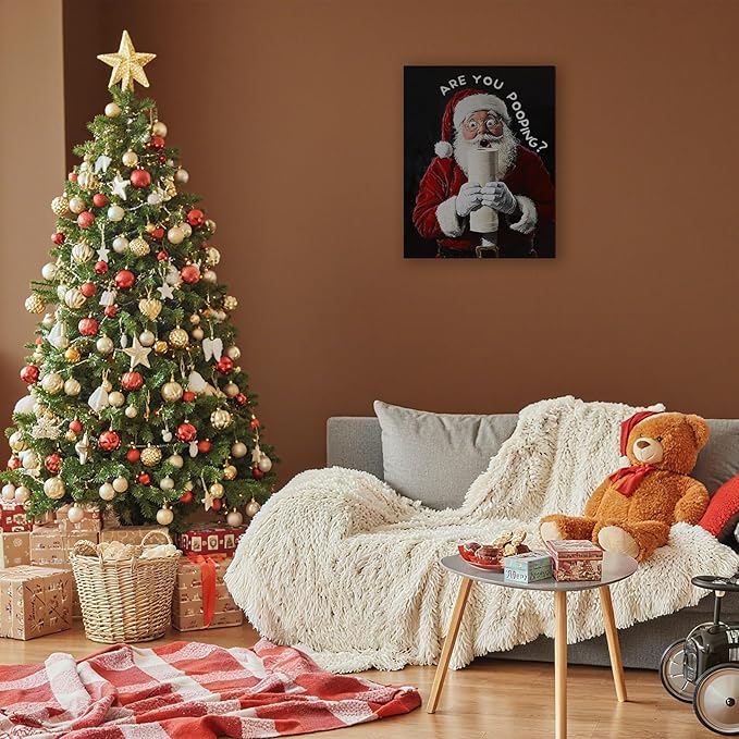 FITIE Black Christmas Santa Bathroom Canvas Wall Art Poster, Funny Are You Pooping Holiday Winter Christmas Framed Artwork Prints Wall Decor for Bathroom Washroom Restroom Toilet, 11x14 Inch