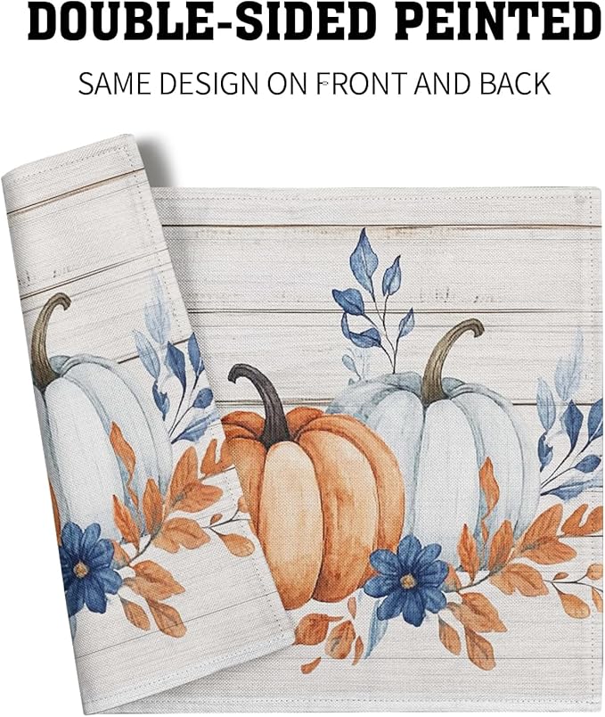 Fall Placemats 12×18 Inches Set of 4 Blue Orange Pumpkin Thanksgiving Festival Indoor Kitchen Dining Table Place Mats for Home Party Decoration