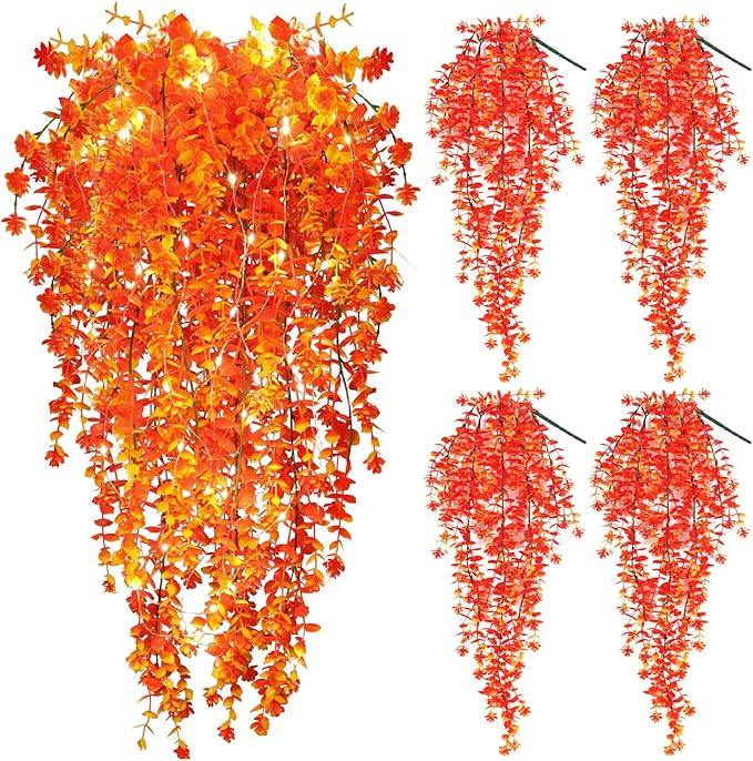 SJL Artificial Hanging Plant Pack of 4 Fall Outdoor Hanging Plants with Lights Artificial Decor Plant Fall Faux Vine Plants Faux Autumn Flowers for Farmhouse Kitchen Party Thanksgiving (Gold)