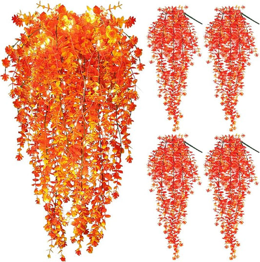 SJL Artificial Hanging Plant Pack of 4 Fall Outdoor Hanging Plants with Lights Artificial Decor Plant Fall Faux Vine Plants Faux Autumn Flowers for Farmhouse Kitchen Party Thanksgiving (Gold)