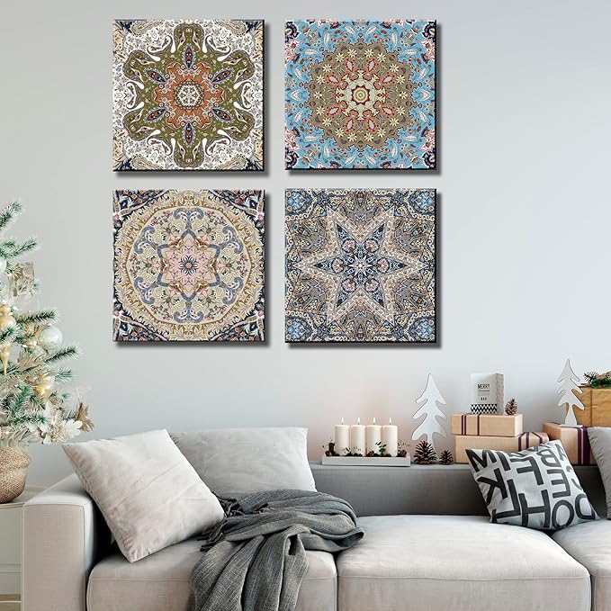 dgbtcart Bathroom Decor Mandala Wall Art, Boho Artwork Floral Pictures Painting Prints for Living Room Decoration - 12”x12”x4 Panel