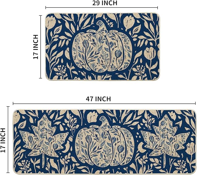 Artoid Mode Blue Flower Pumpkin Fall Kitchen Mats Set of 2, Autumn Home Decor Low-Profile Kitchen Rugs for Floor - 17x29 and 17x47 Inch