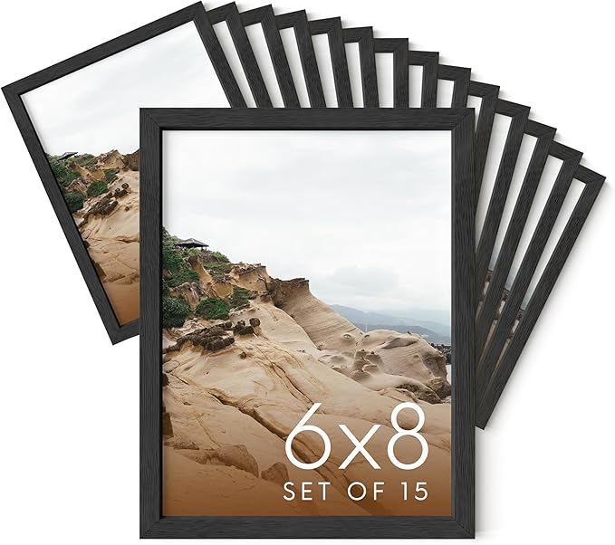 HAUS AND HUES 6x8 Black Oak Wooden Picture Frame - Set of 15 6x8 Poster Frame - Premium Oak, Vertical Hang, Shatterproof Plexiglass - Ideal for Home, Room, Office (6x8-inch, Black, Set of 15)