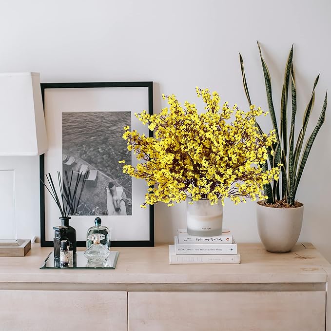 Sggvecsy 15 Pcs Babys Breath Artificial Flowers Gypsophila Bouquets Bulk Real Touch Fake Silk Flowers for Home Wedding DIY Floral Arrangement Kitchen Table Centerpiece Festival Decoration (Yellow)