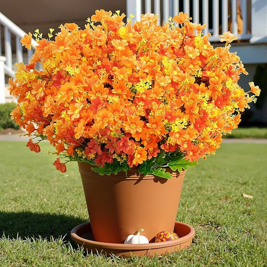 Uieke 6PCS Artificial Fake Fall Flowers for Outside, Daisy Mums Flowers UV Resistant No Fade for Indoor Home Office Hanging Planter Wedding DIY Garden Porch Thanksgiving Décor (Orange)