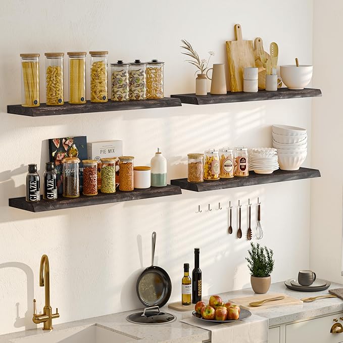 Fun Memories Floating Shelves for Wall, 24 Inch Floating Shelves Wall Mounted, Rustic Live Edge Elm Wood Shelf, Heavy-Duty Storage Shelves for Books, Bathroom, Kitchen, Walnut Finish, Set of 2