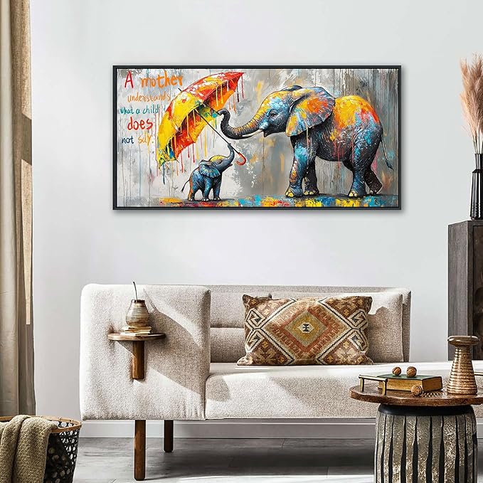 QZQCBLC Bathroom Canvas Wall Art - Abstract Modern Street Art Graffiti Pictures Artwork Inspirational Animal Elephant Painting for Living room Bedroom Children's Room Framed Wall Decor 20x40 IN