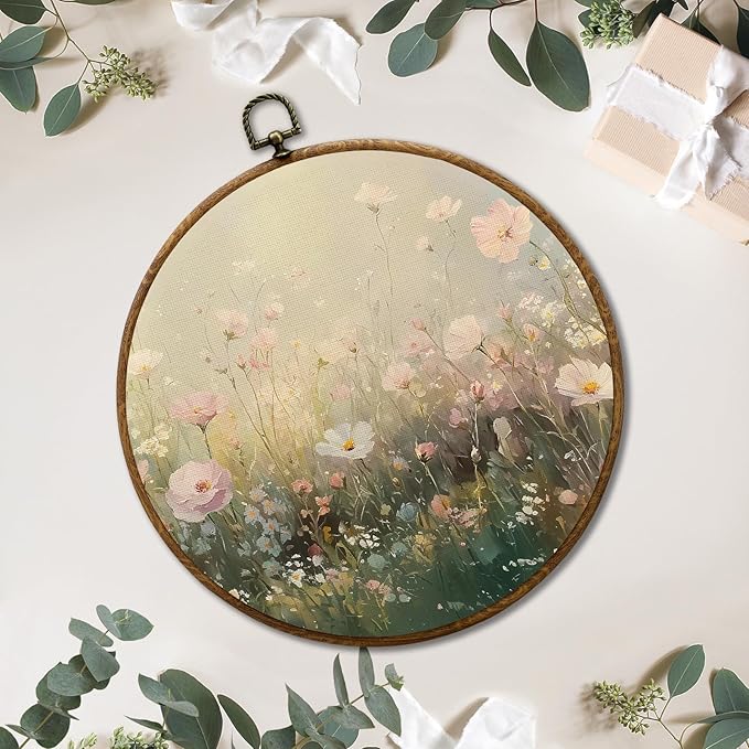 JUIOEIUVintage Wildflower Floral Round Wall Decor, Cottagecore Flower Botanical Framed Canvas Prints, Retro Rustic Floral Wall Art Hanging Decorations for Home Bedroom Living Room Décor Accents Decor, 10x10in