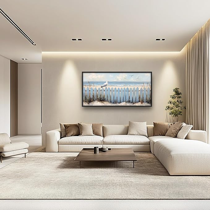 Flintis Large Ocean Beach Framed Wall Art Beach Seagull Pictures Wall Decor Abstract Natural Landscape Canvas Painting Print Artworks Framed for Living Room Bathroom Master Bedroom 60L X 30W