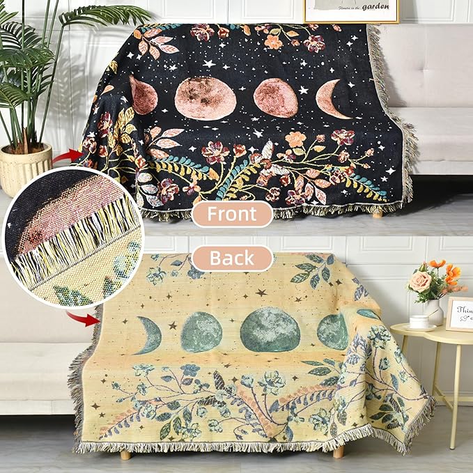 Boho Throw Blanket Reversible Cotton Bohemian Tapestry Hippie Room Decor Double Sided (Lunar Eclipse Black 50"x60")