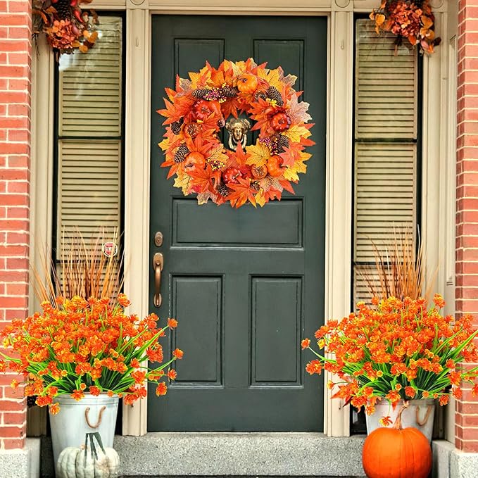 AmyHomie 20 Bundles Artificial Fall Flowers for Outdoor UV Resistant Faux Flowers No Fade Fake Plastic Plants Wildflowers Spring Flowers Garden Porch Window Box Decorating Fall Decor (Orange)