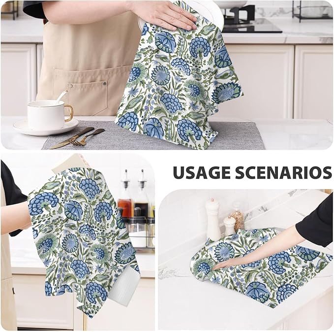Sage Green Blue Boho Kitchen Towels 16x24 Inch Vintage Floral Decor Dish Towels Flower Spring Summer Seasonal Decoration Hand Towel Absorbent Dish Cloths for Home Kitchen Dining Set of 2