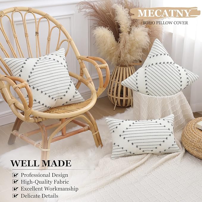 Mecatny Boho Outdoor Throw Pillow Covers 20X20 Set of 2, Farmhouse Decorative Pillow Covers for Couch Sofa Living Room, Grey & Cream White