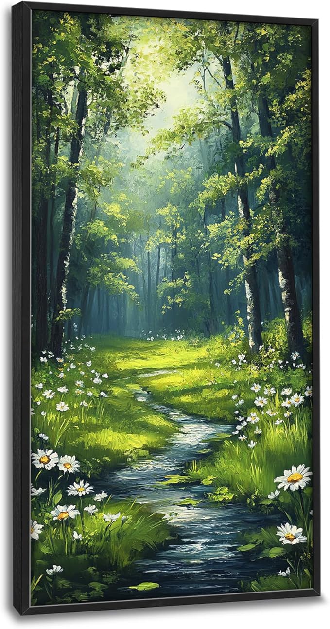Green Forest Vertical Wall Art for Living Room, Large Tree Canvas Wall Decor, Daisy Flowers Pictures Framed Painting, Landscape Artwork for Bedroom Office Home Decor 60L'' × 30W''