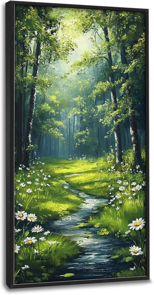 Green Forest Vertical Wall Art for Living Room, Large Tree Canvas Wall Decor, Daisy Flowers Pictures Framed Painting, Landscape Artwork for Bedroom Office Home Decor 60L'' × 30W''