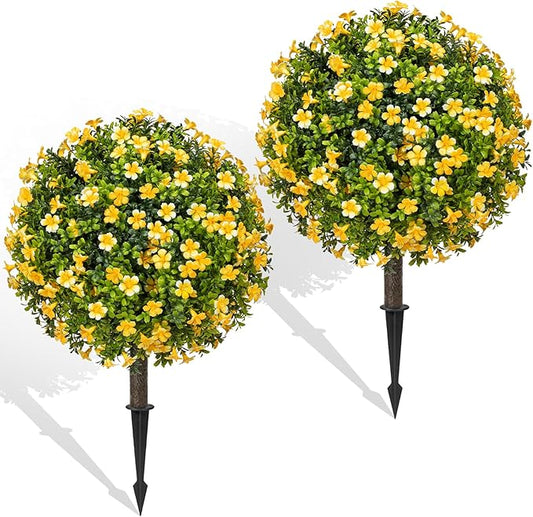 Fall Artificial Topiary Ball Trees with Spike Set of 2, Fall Faux Boxwood Plants for Outdoor Planters, UV Resistant Artificial Outdoor Shrubs, Fake Bushes for Porch, Garden, Patio Decor