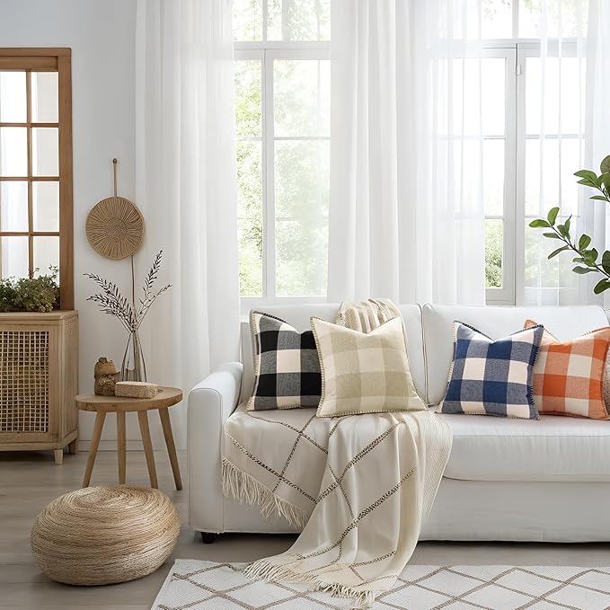 decorUhome Christmas Buffalo Plaid Check Throw Pillow Covers 22x22 Set of 2, Outdoor Linen Decorative Farmhouse Gingham Pillow Covers with Stitched Edge for Bed Couch Sofa, Black and White