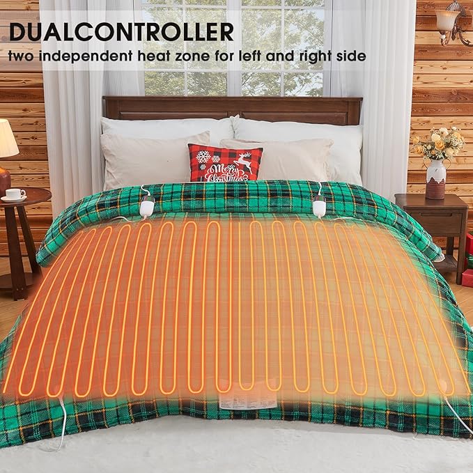 Heated Electric Blanket Queen Size, 84X90 Christmas Blanket With Dual Control&10 Heats Levels&Timer For Bed,Green Plaid Sherpa Heating Blankets Queen Warmer Gift for Grandma Women Adults, Washable,ETL
